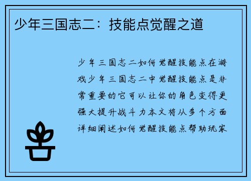 少年三国志二：技能点觉醒之道
