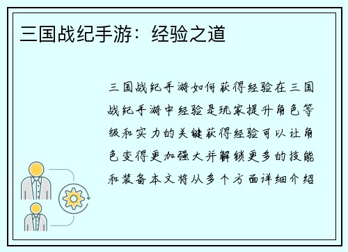 三国战纪手游：经验之道